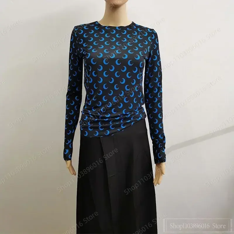 Moon Printed Tshirt Graphic Top for Women Stretchy Slim Korean Fall Spring Long Sleeve Tees Y2k Grunge T-Shirt Clothes