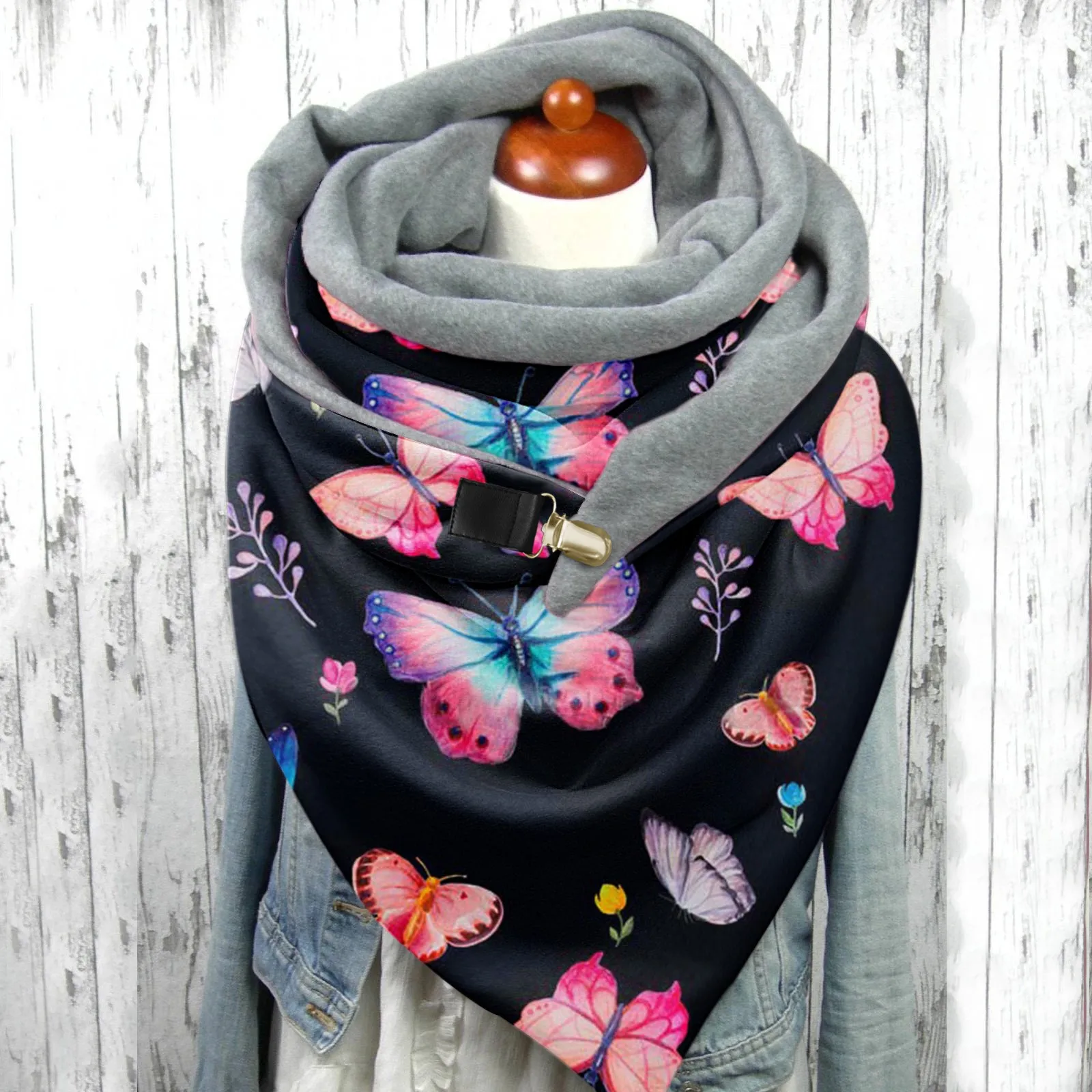 Autumn Winter Woman Scarf Universal Autumn Warm Batterfly Print Double-layer Buckle Scarves Outdoors Warm shawl foulard