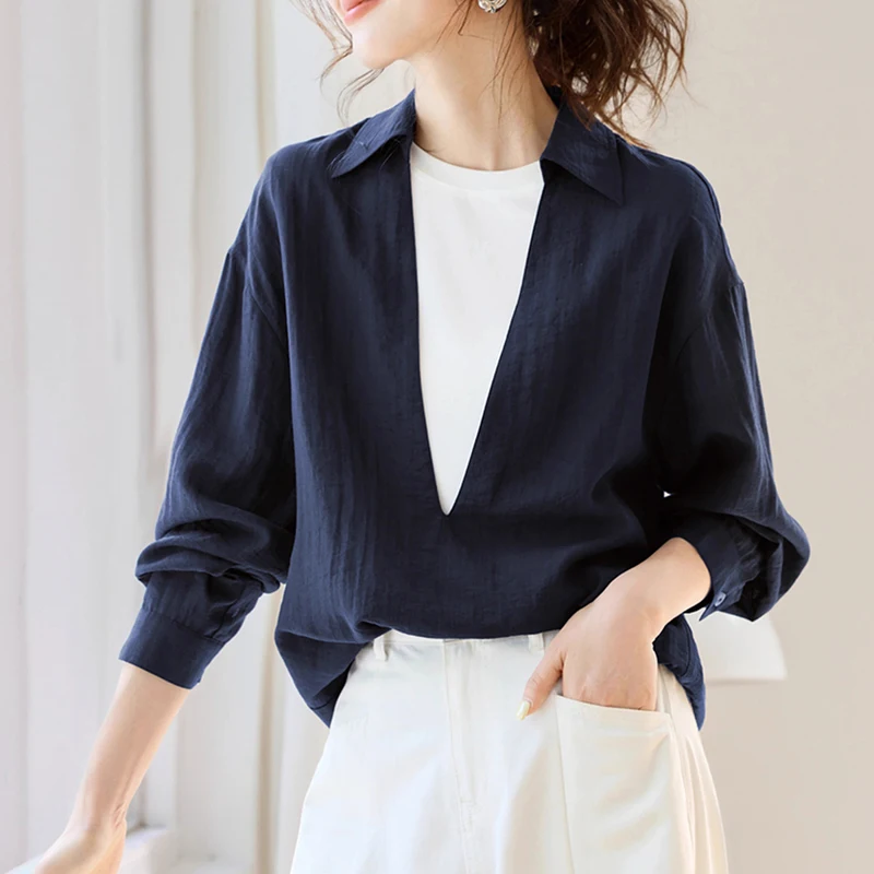 Minimalist Shirt Women Deep V Neck Long Sleeve Elegant Office Ladies Blouse S-XXL Female Tops Blouse
