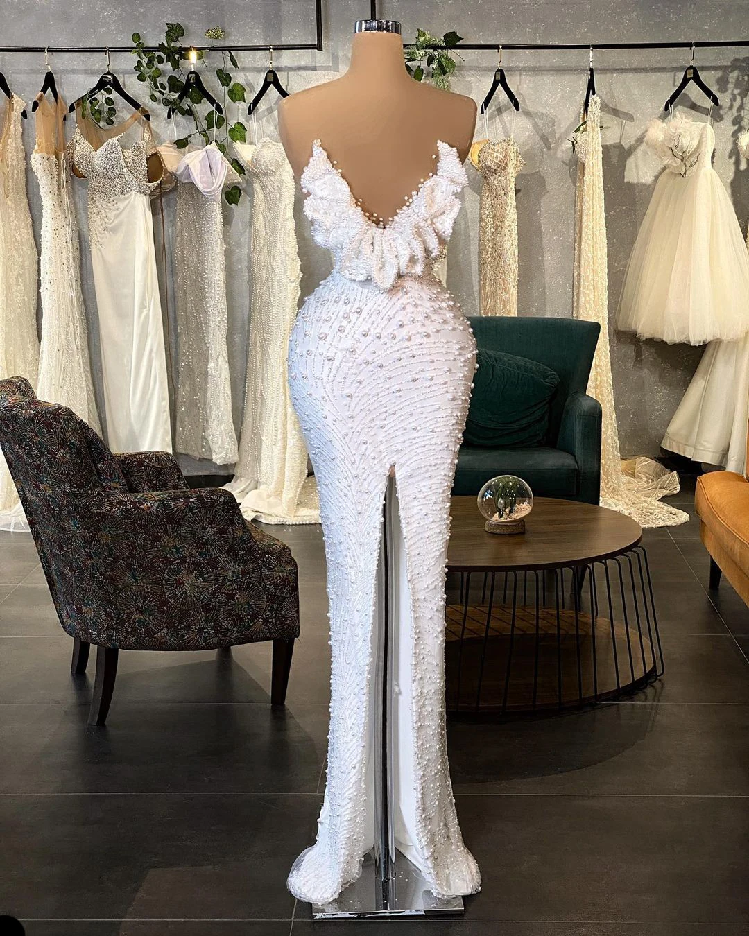 Handmade Customization Wedding Dress Full Pearls Beads Sheer V Neck Mermaid Bridal Gowns Robe De Soiree