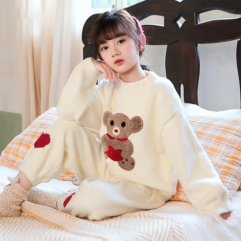 

Winter School Girl Love Bear Night-clothes Thicken Warm Children's Pajamas Coral Velvet Cute Girls' Pajamas Sleepy Pants Set