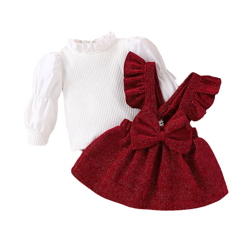 Baby Girls Clothes Solid Long Sleeve Top Layered Bow Skirt Girl Infant Newborn Outfits Sets Spring Autumn Baby Party Dresses