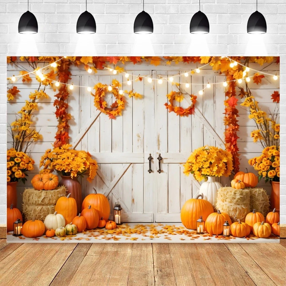 Fall Thanksgiving Backdrop Autumn Pumpkin Harvest Barn Background Hay Maple Leaves Baby Shower Banner Supplies Photo Booth Prop