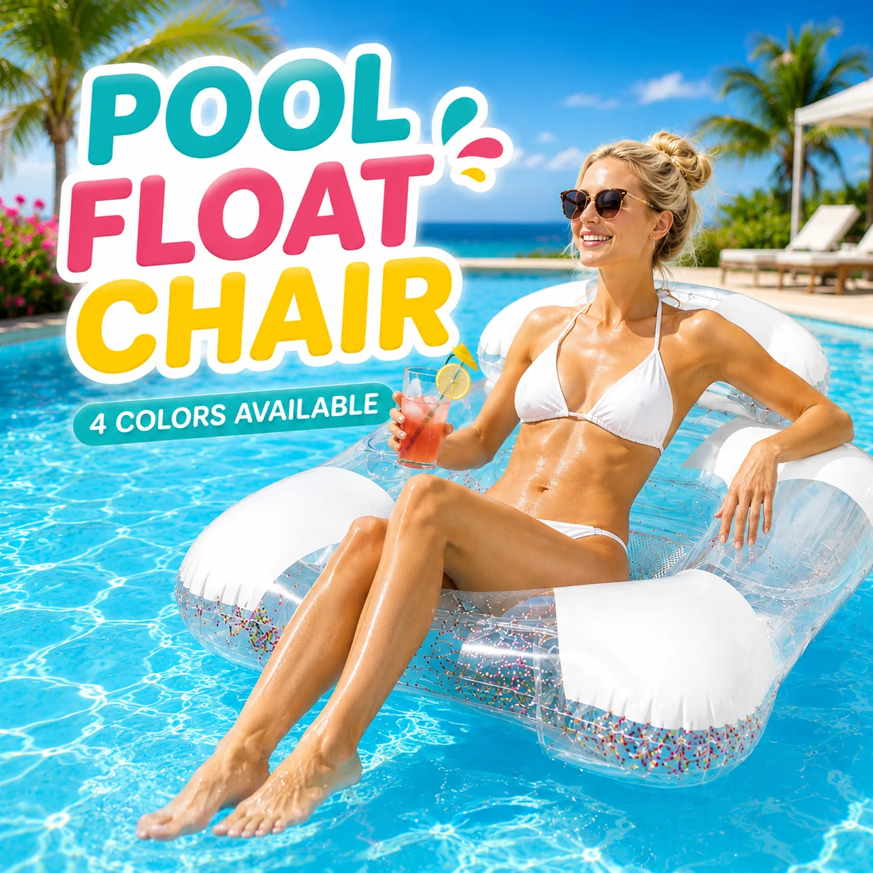 1PC Inflatable Pool Lounge Chair, Clear Floating Water Hammock Float with Cup Holder Mesh Seat, Heavy Duty Pool Float Bed