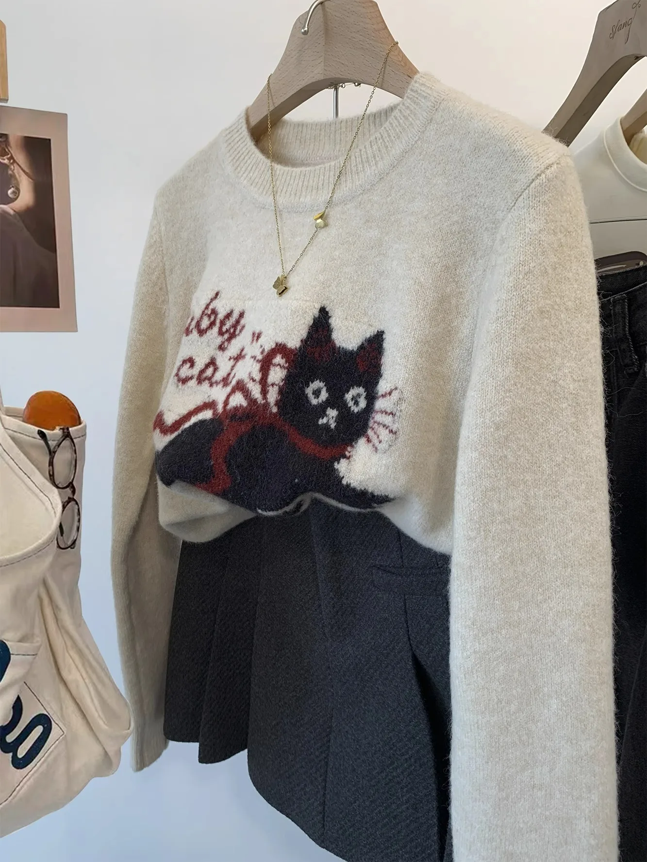 Cartoon Mohair Sweater Men Women Loose Knitted Jumpers Autumn Streetwear Harajuku Cartoon Funny Cat Pattern Pullovers Couple