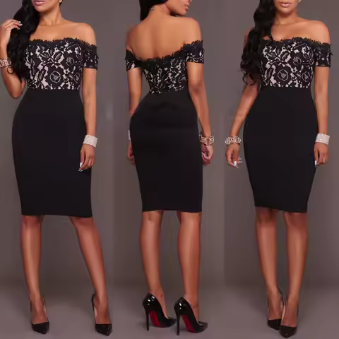 Women Fashion Lace Patchwork Casual Dresses Vintage Prom Dress Elegant Evening Party Dress Plus Size