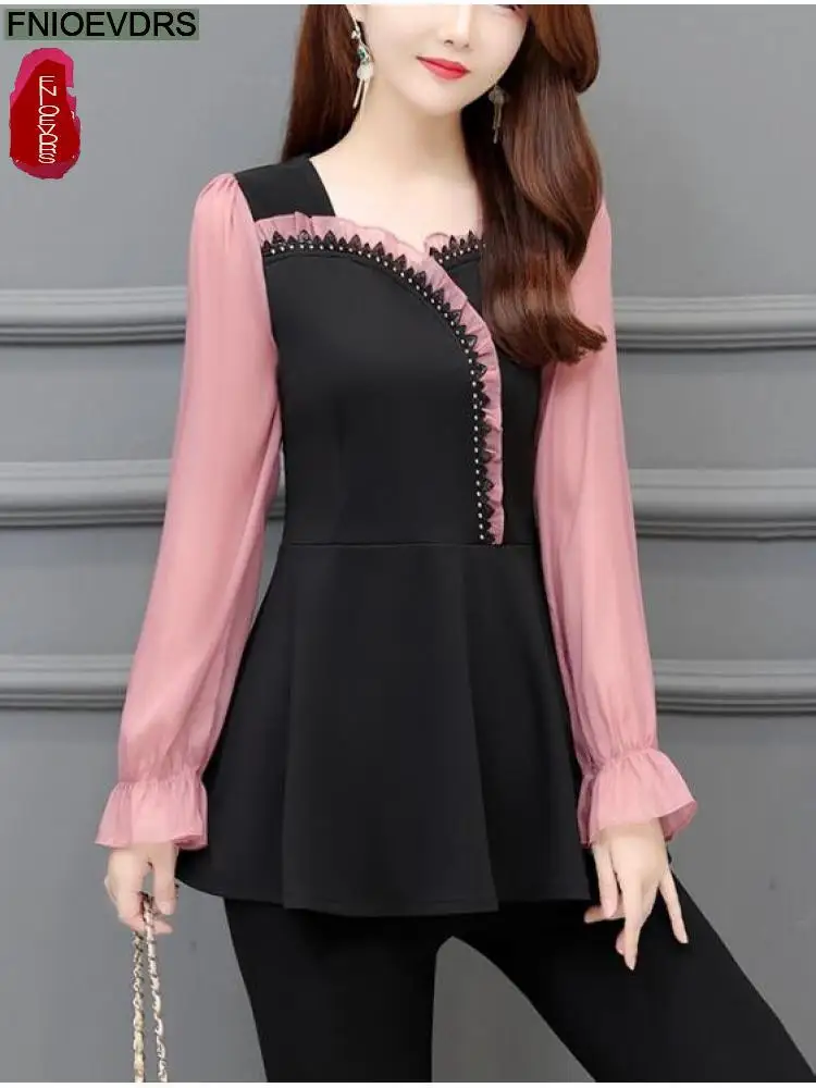 2022 Autumn Spring Basic Shirt Tunic Top Women Long Sleeve Elegant Office Lady Patchwork Ruffles Belly Design Peplum Top Blouses