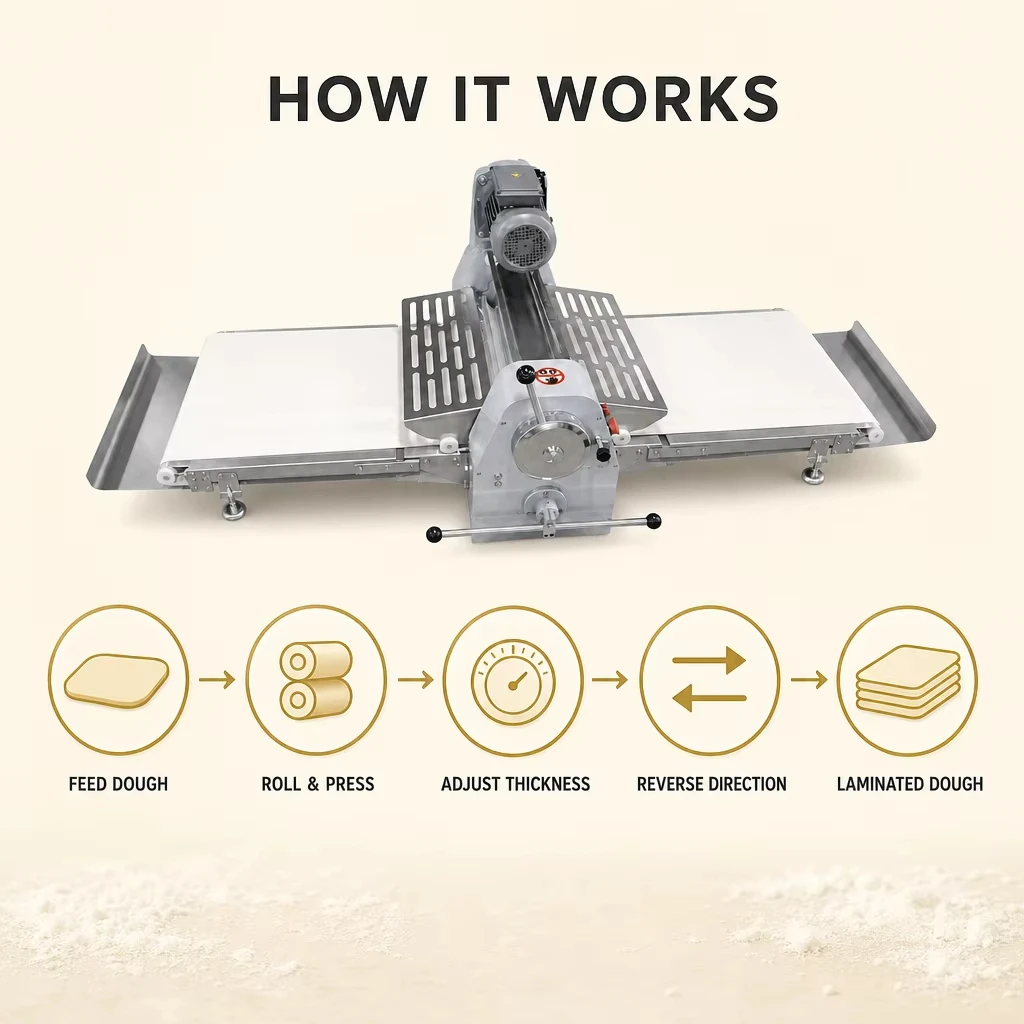 Compact Stainless Steel Commercial Dough Sheeter Machine Tabletop Reversible Conveyor for Puff Flaky Pastry Wholesale