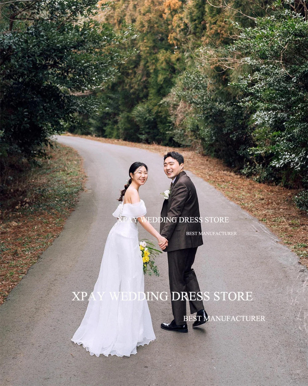 

XPAY Princess Strapless Korea Wedding Dresses Off Shoulder Organza Photos Shoot Floor Length Fairy Customized Bride Party Gown
