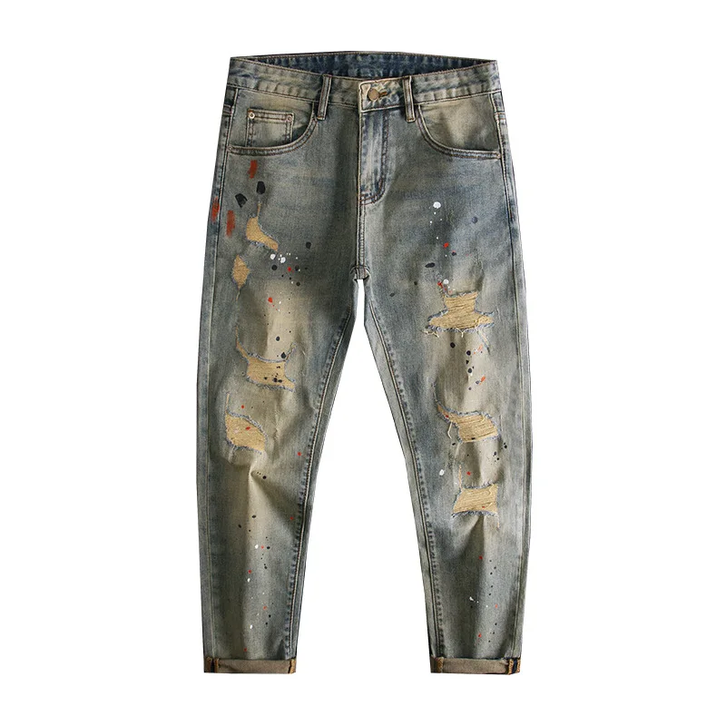 Splashed Ink Piercing Nine Point Jeans for Men, Slim Fit, Small Feet, Elastic Scratch Patch, Retro Trendy Denim Pants