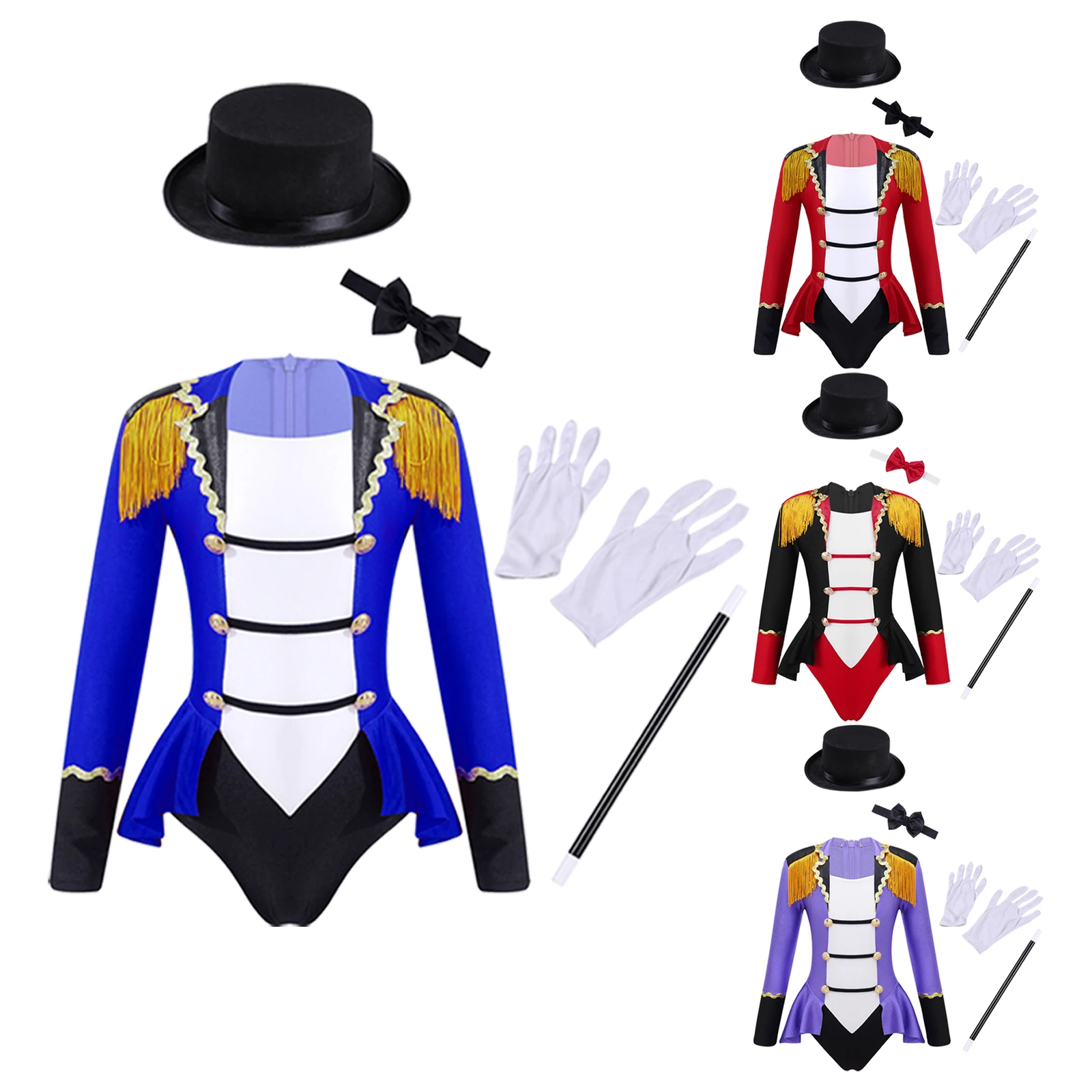 Kids Girls Circus Costume Set Long Sleeve Tassel Ringmaster Leotard Jumpsuit with Magic Wand Gloves Halloween Magician Dress Up