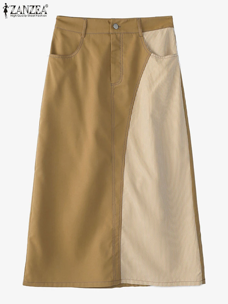 

Юбки больших размеров ZANZEA 2025, женская джинсовая длинная юбка в полоску с высокой талией, винтажная юбка большого размера, летние брюки с карманами 0XL-5XL