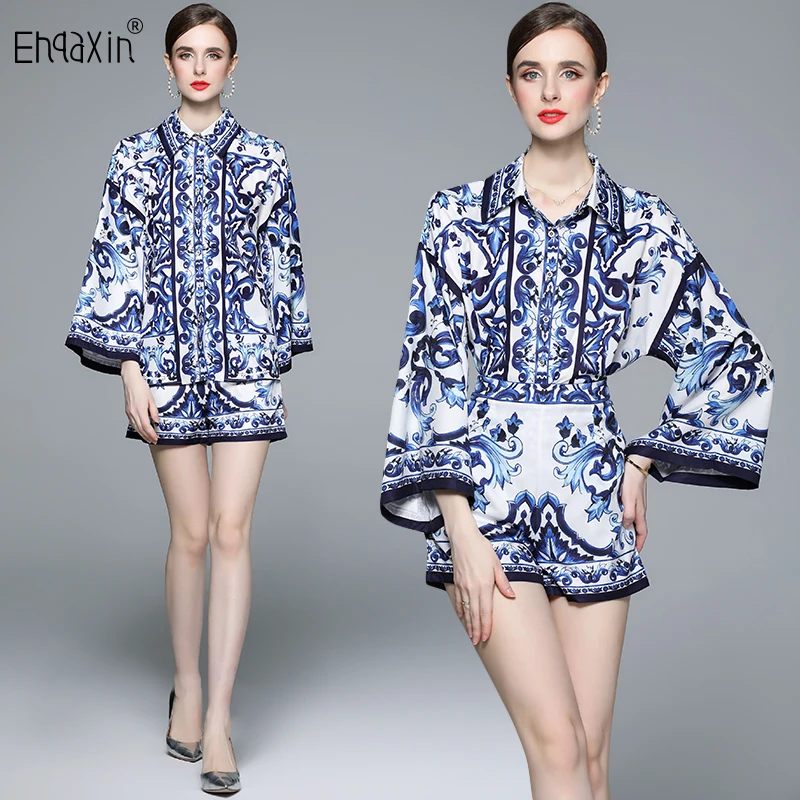 

EHQAXIN Summer Runway Fashion Shorts Suit Womens Turn-Down Collar Blue And White Porcelain Print Shirts Short 2 Pieces Set M-2XL