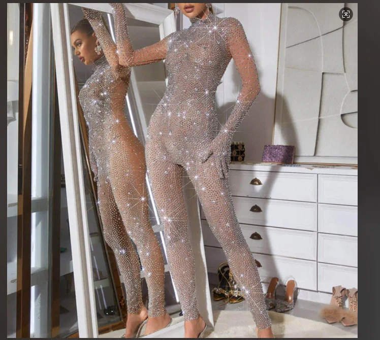 

Ally Rhinestone Mesh Jumpsuit In Silver Luxury Women Singer Birthday Party Stage Show performance dancer team outfit