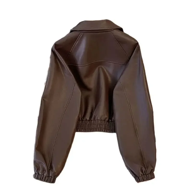 Short Leather Jacket Women\'s New Loose Baseball Coats Motorcycle Jackets Outwear Fashion Black Brown Leather Coat Female