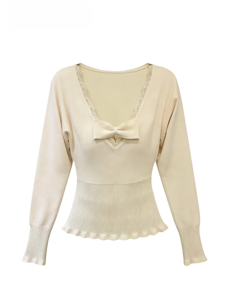 

plus Size Knitted Long Sve Women's Top with Lace V-Ne Knot Autumn Winter Lazy Sle Sister Polyester Fiber