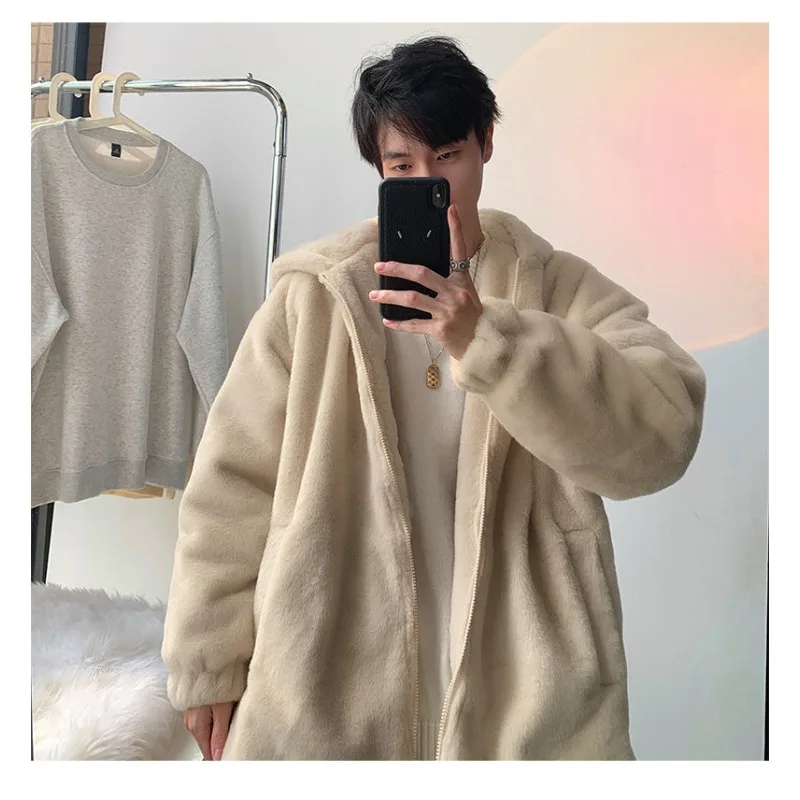 2025 New Winter Faux Lamb Wool Hoodie Jacket for Men Korean Fashion Harajuku Warm Zip Up Hoodie Streetwear Men Clothing Y2k