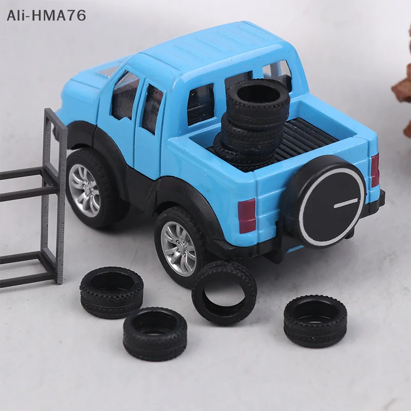 HMA76-1: Stojak na opony w skali 1:64 i 7 opon, akcesorium do sceny garażu modelarskiego, zestaw narzędzi warsztatowych, miniaturowy rekwizyt