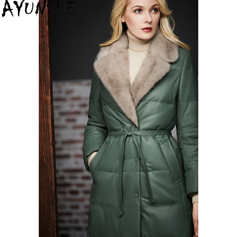 

AYUNSUE Winter Genuine Leather Down Jacket Women Mink Fur Collar Real Sheepskin Coat Female Long 90% White Duck Down Coats Woman