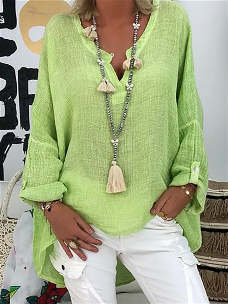 Plus Size Women\'s Summer New V Neck Solid Top Casual Women Linen Shirt Round Neck T-shirt Short Sleeve Tops Loose Blouse