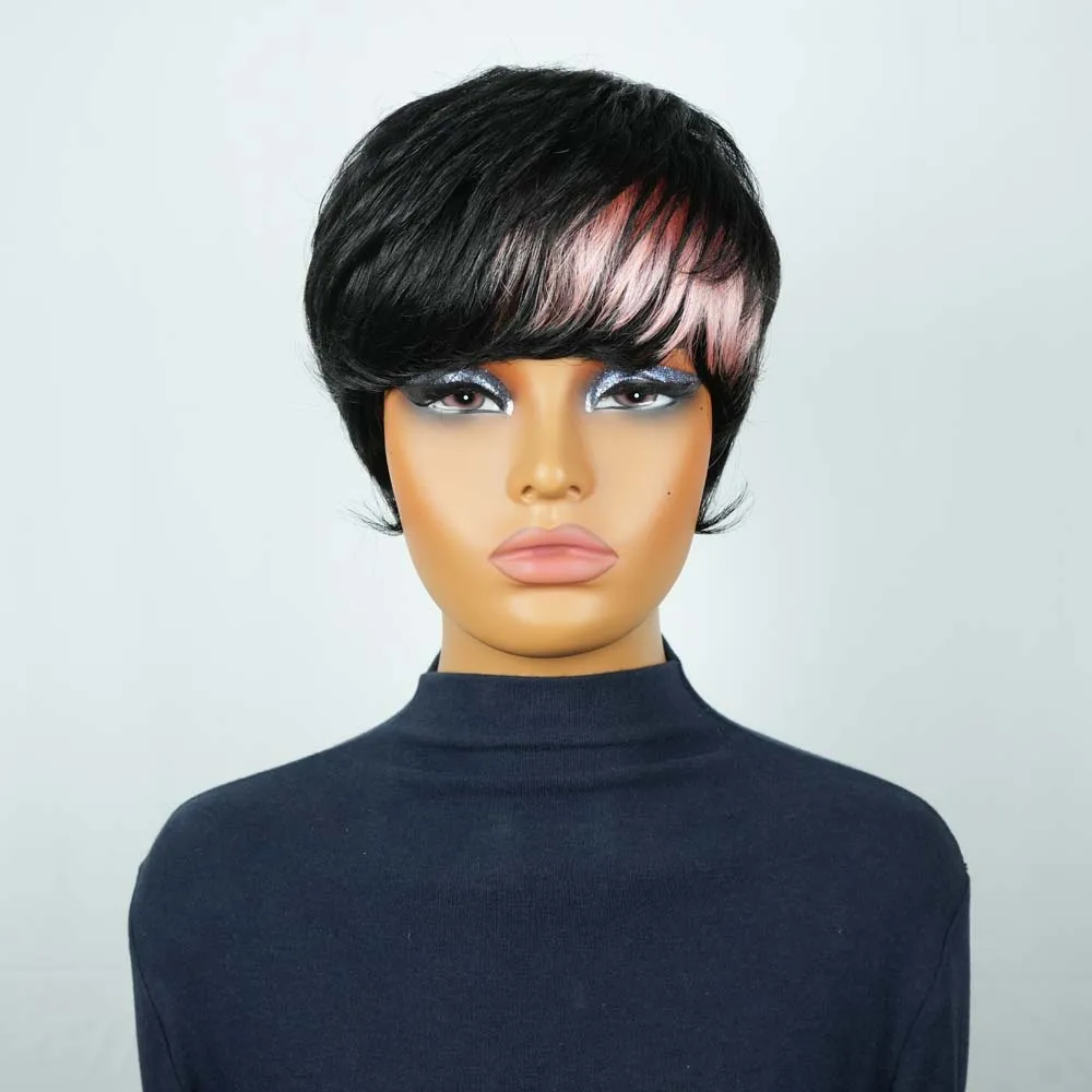 黒人女性用ショートピクシーカットウィッグ レミー人毛ストレート ブラックミックスピンクカラー レイヤードピクシー マシンメイドウィッグ 前髪付き