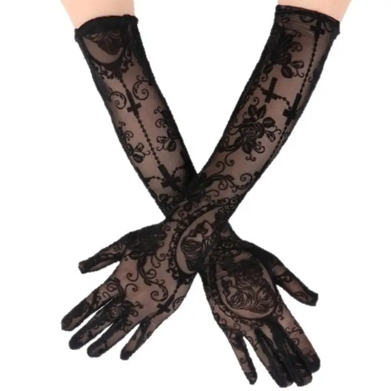 39BD Breathable Gothic Lace Gloves With Skeleton Crosses Design For Halloween Cosplay