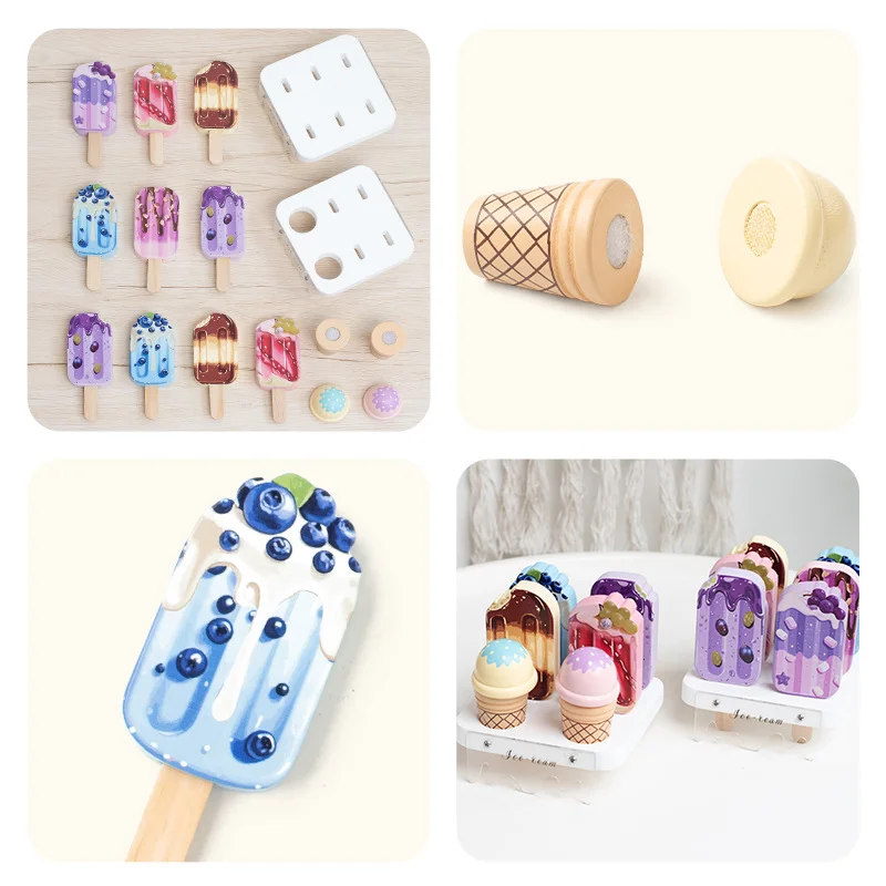مجموعة الآيس كريم الخشبية للأطفال ألعاب التظاهر المطبخ الآيس كريم المخروط ألعاب أطفال التعلم المبكر لعبة تعليمية مونتيسوري