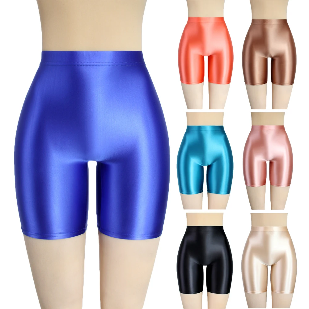 MJINM Womens Satin Glossy Shorts High Waist Yoga Silk Running Fitness Stretch Front Seamless Opaque Biker Tights Skinny Leggings