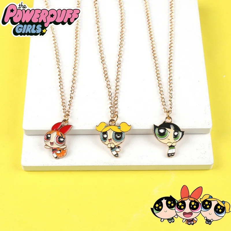 2024 New Fashion Trend Powerpuff Girls Delicate Necklace Kawaii Anime Figure Jewelry Accessories Toys Cute Canvas Alloy Pendant