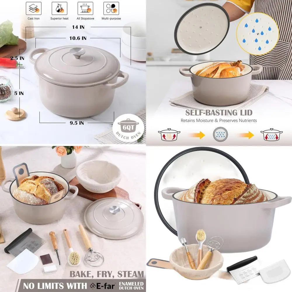 

6-литровая эмалированная чугунная голландская духовка для выпечки хлеба с самовыравнивающейся крышкой и стартовыми аксессуарами для приготовления на ударе, сверхмощная кассеро