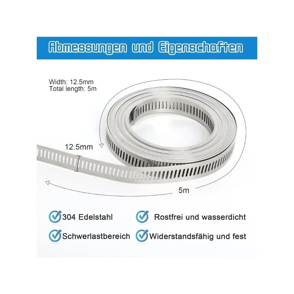 5-meter Stainless Steel Adjustable Hose Clamp with 10 Screw Clips, Suitable for Household Gas Pipes Fuel Pumps Water Pipes