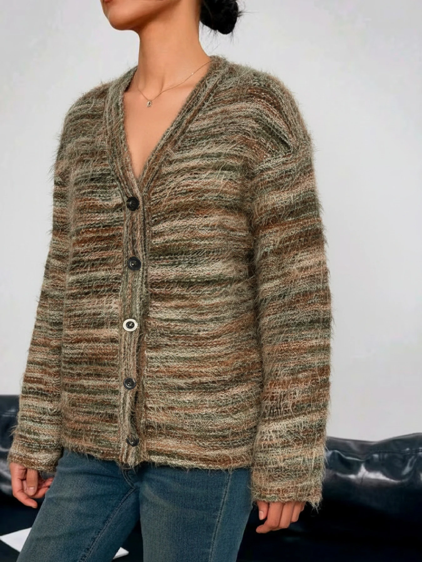Women Knit Cardigan V Neck Long Sleeve Button Front Loose Fit Marled Sweater Coat Multicolor Striped Casual Streetwear Outerwear