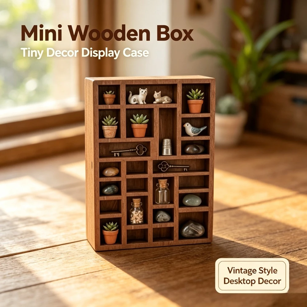 Wooden Mini Jewelry Holder Miniature Crystal Ore Specimen Storage Display Tray Multi Compartments Dollhouse Shelf Decoration