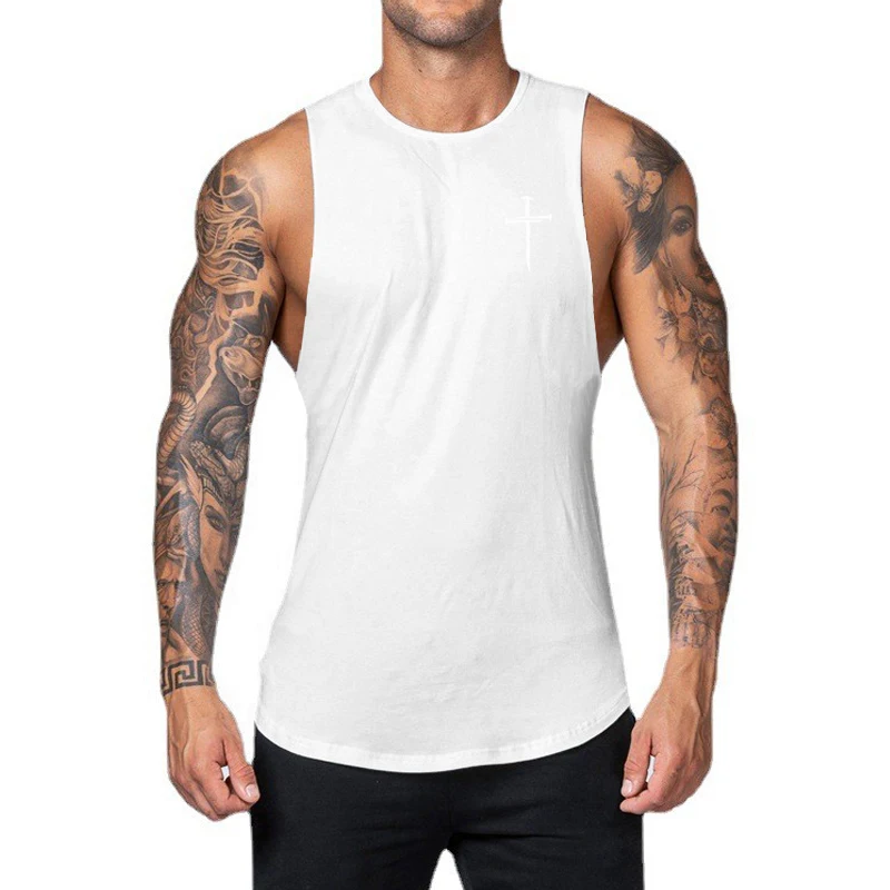 Personalized Cross Print Gym Clothing Mens Fashion Workout Muscle Sleeveless Shirt Cotton Bodybuilding Singlet Fitness Tank Tops