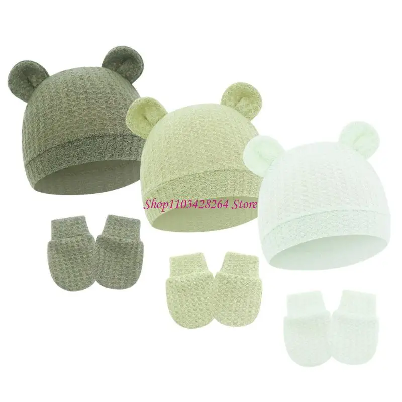 

3 Set Infant Hospital Hat And Mittens Set With Bear Ears Accent Soft Breathable