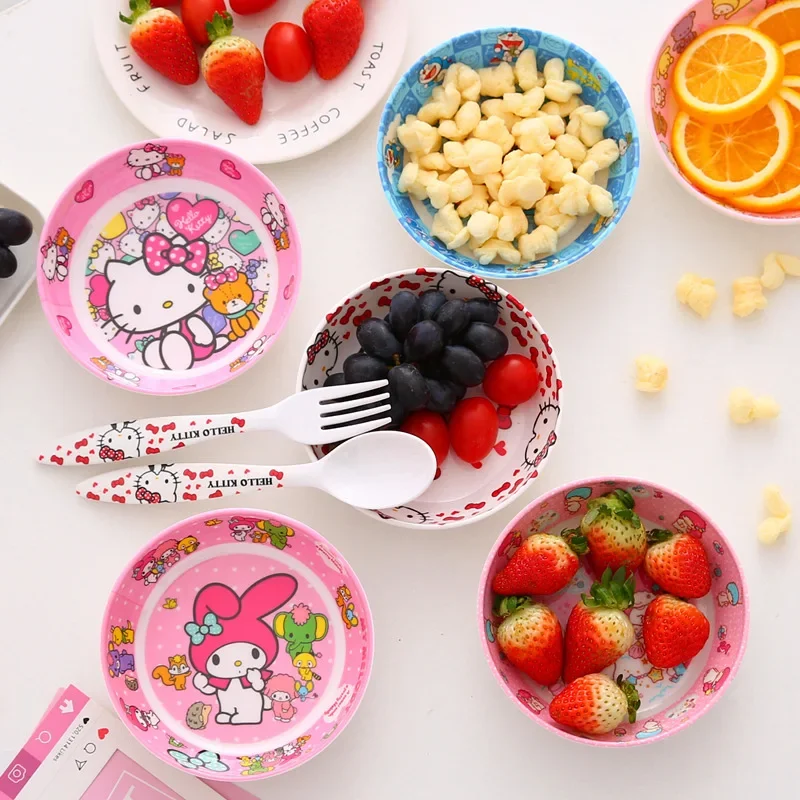 Sanrio Hello Kitty plato redondo Kuromi Melody Cinnamoroll vajilla de melamina para niños utensilio de cocina tazón platillo regalos de navidad