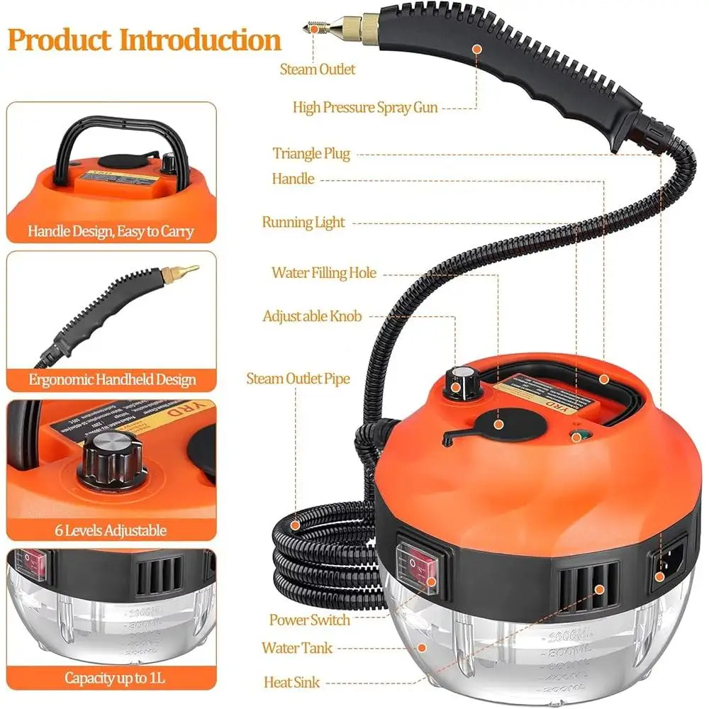 2500W 휴대용 스팀 청소기 가정용 청소를위한 고압 휴대용 기선 여러 액세서리가있는 자동차 실내 장식 주방