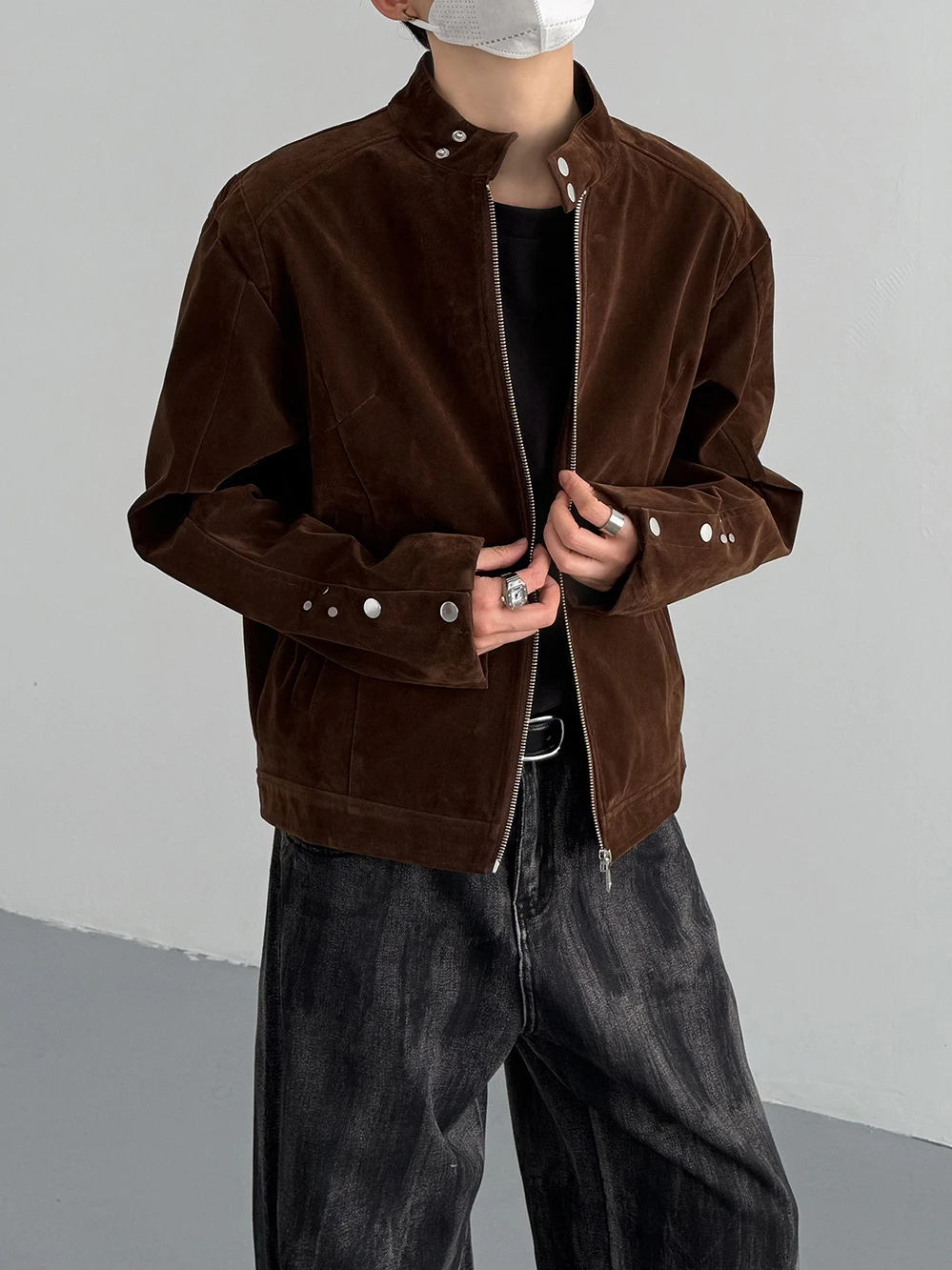 

Retro Suede ort Jaet Men's Loose Sle Rivet Detailing Korean Faion Autumn Collection Polyester Fabric Casual Wear