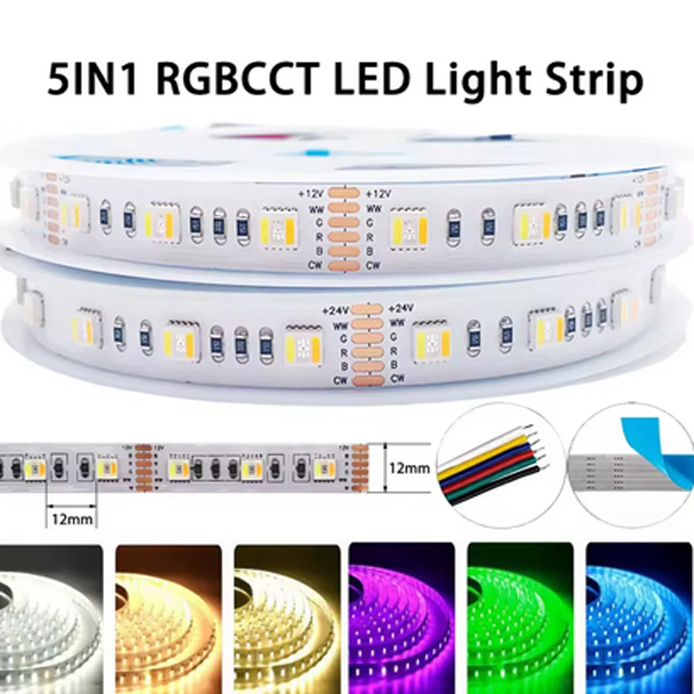 

5m 12V 24V 5050 RGBCCT 5 in 1 LED Lights RGB WW CW 2700-6500K Strip Light 6PIN 12MM Waterproof 60 LEDs/m Room for TV Background