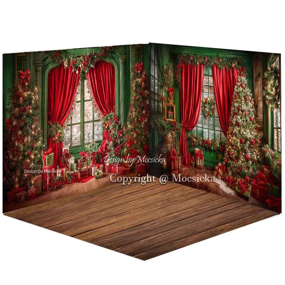 Mocsicka الأحمر هدية عيد الميلاد غرفة خلفية التصوير الستائر نافذة شجرة عيد الميلاد الخضراء خلفية طفل الأسرة الشتاء استوديو الصور