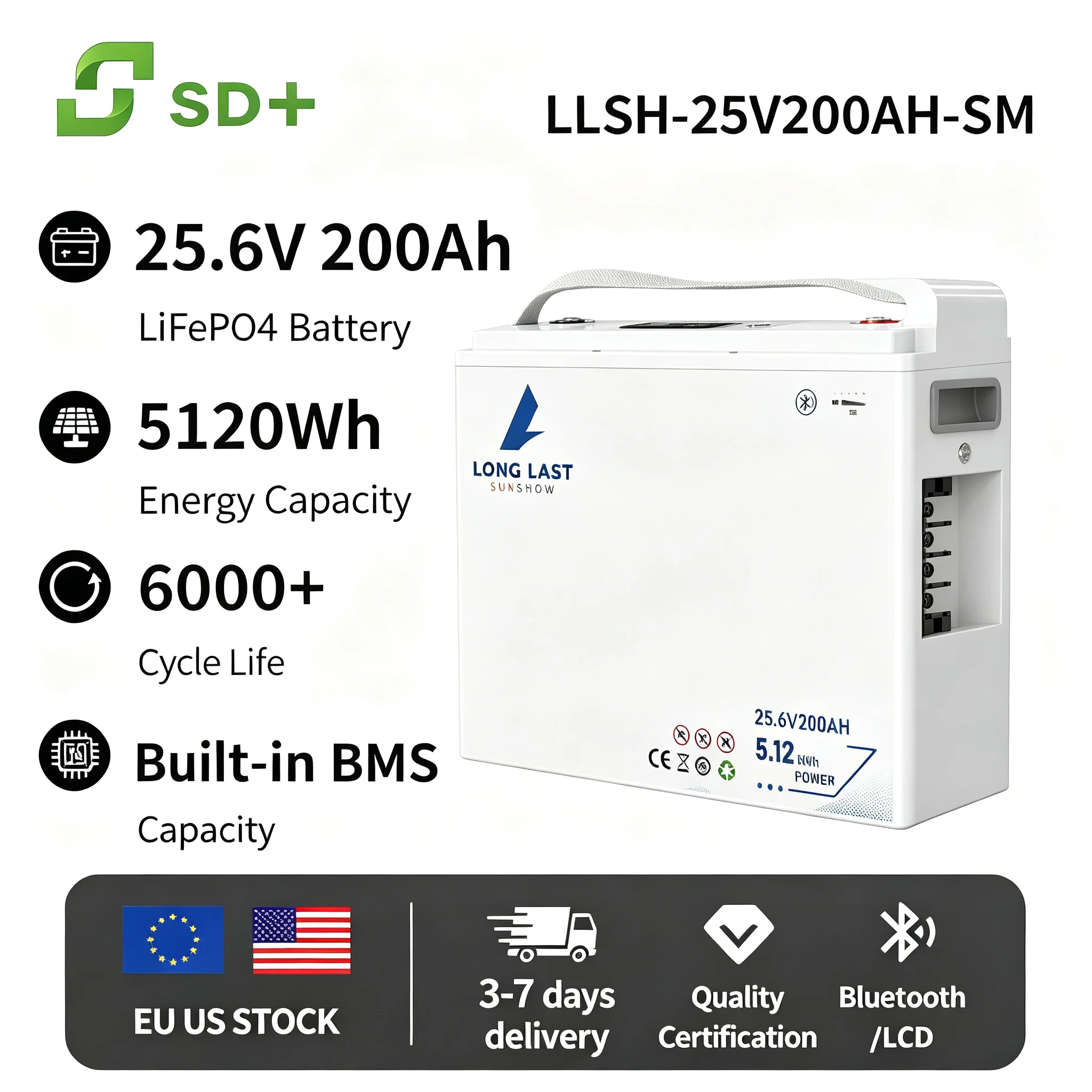 SANDISOLAR LLSH LiFePO4 Battery 25.6V200AH 5120Wh Deep Cycle Lithium Iron Phosphate 6000 Cycles Built in BMS for Solar System for Solar System RV Marine Off Grid Stock Fast Deliveryrine Off Grid Stock Fast Delivery