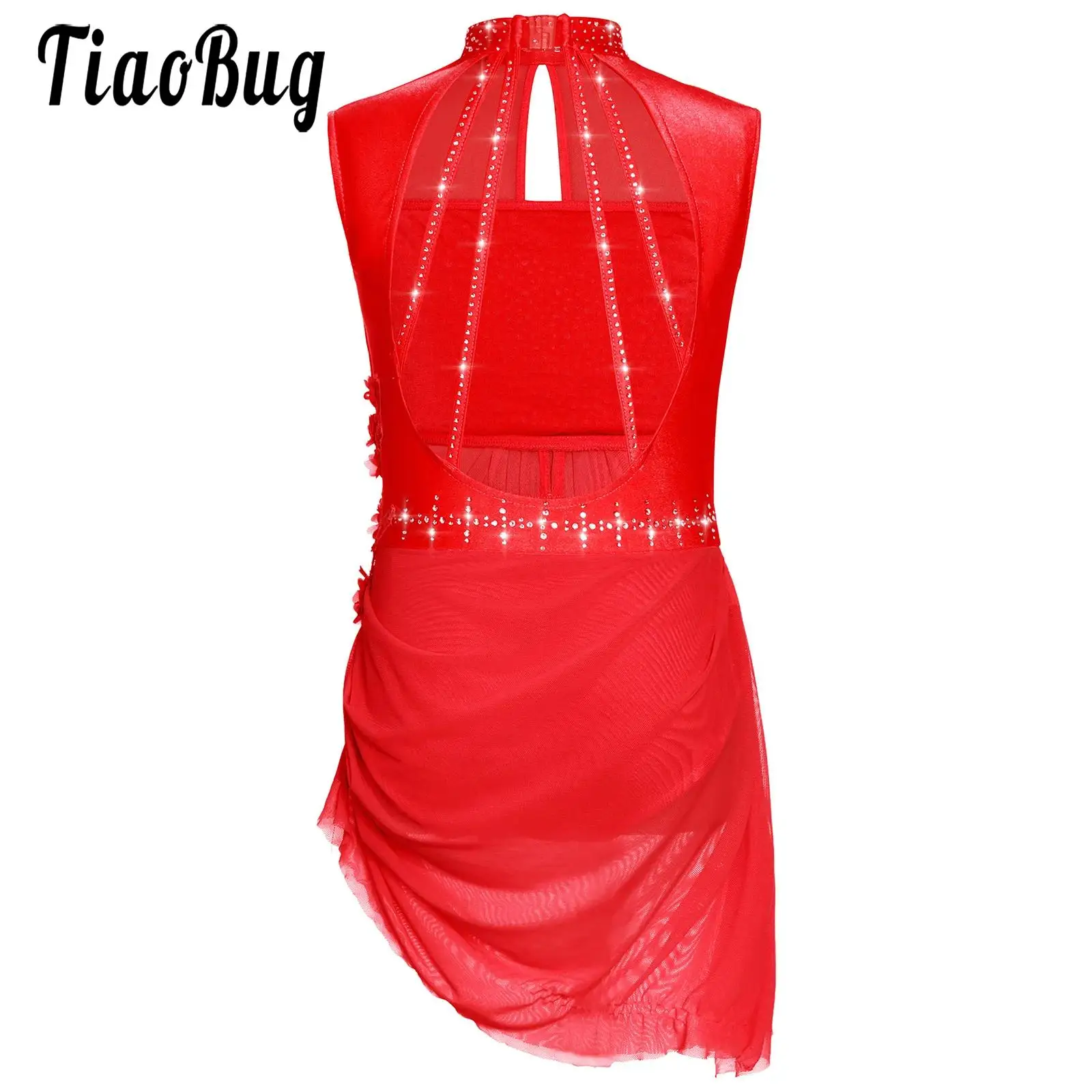 

Kid Girls Leotard Figure Skating Lyrical Dance Dress Ballet Gymnastics Sleeveless Sheer Mesh Rhinestones Applique Leotards Dress