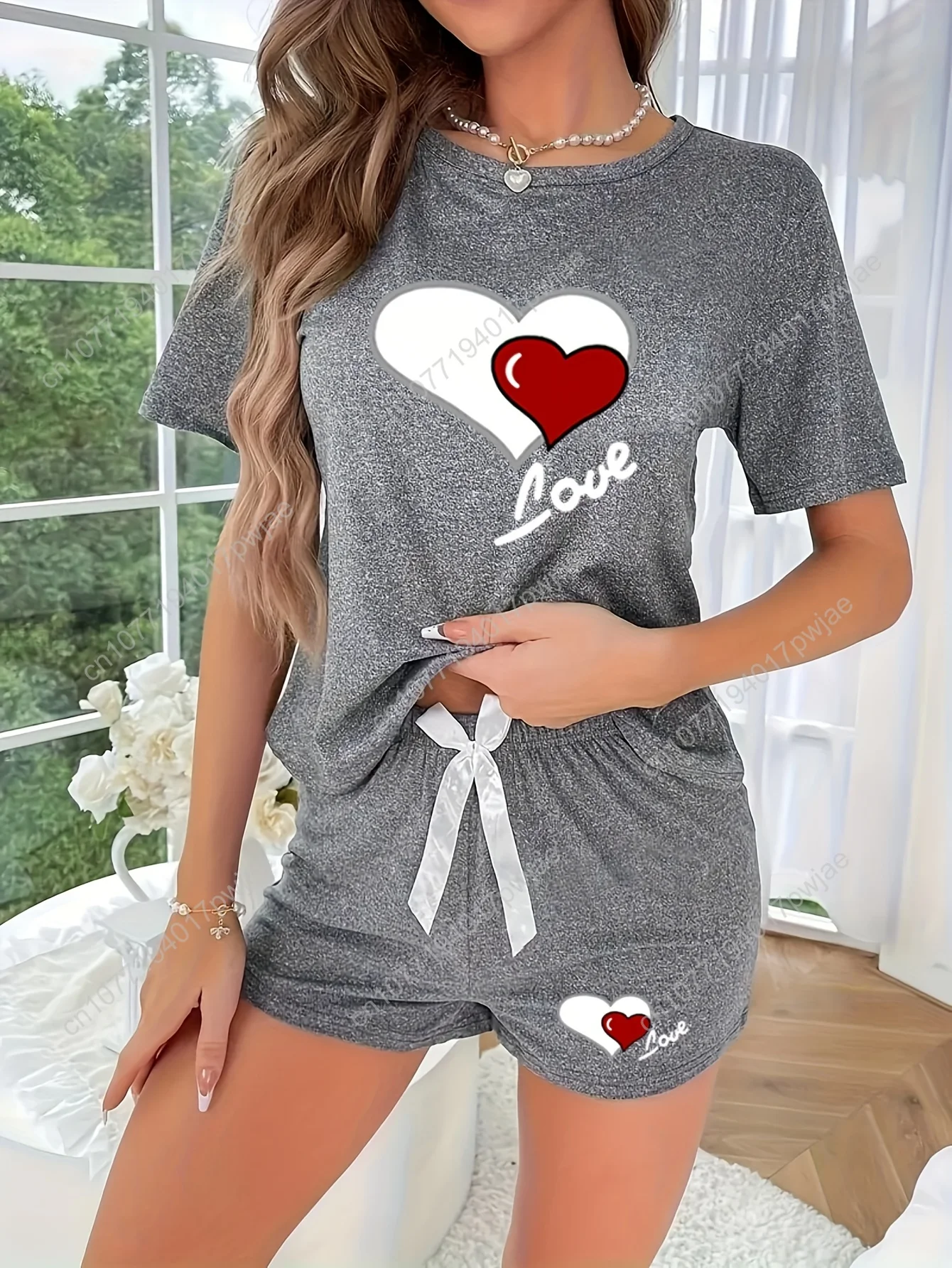 

[Comfortable Pajama Set] 3pcs Spring Summer Women's Pajama Set | Simple Heart Print Round Neck Short Sleeve Top with Bow Elastic