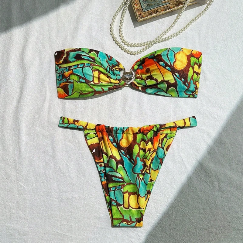 

Color Print Bandeau Micro Bikini Thong Sexy Swimsuit Women 2025 Metal Ring Back Knotted Swimwear Bathing Suit Bikinis Sets Dames