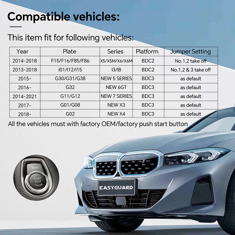 EasyGuard Plug Play klucz fabryczny zdalny rozrusznik pasuje do wybranych serii BMW F15/F16/F85/F86 z przyciskiem uruchamiania OEM DC12V