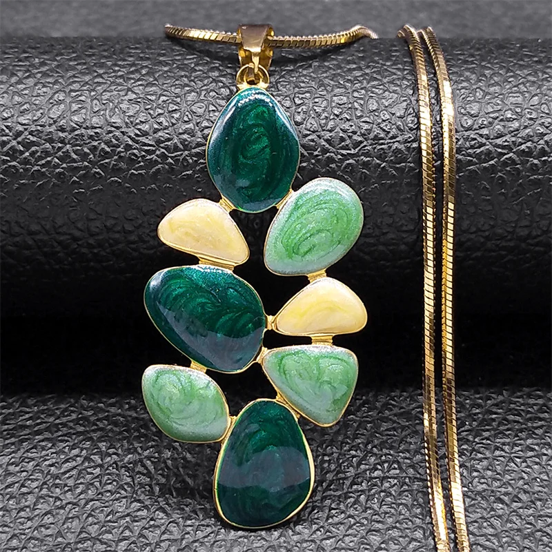 Bunte Emaille Blatt Lange Anhänger Halskette Frauen Edelstahl Gold Farbe Kontrastierende Blumen Halsketten Schmuck Geschenk NZZZ378 – Detail 6