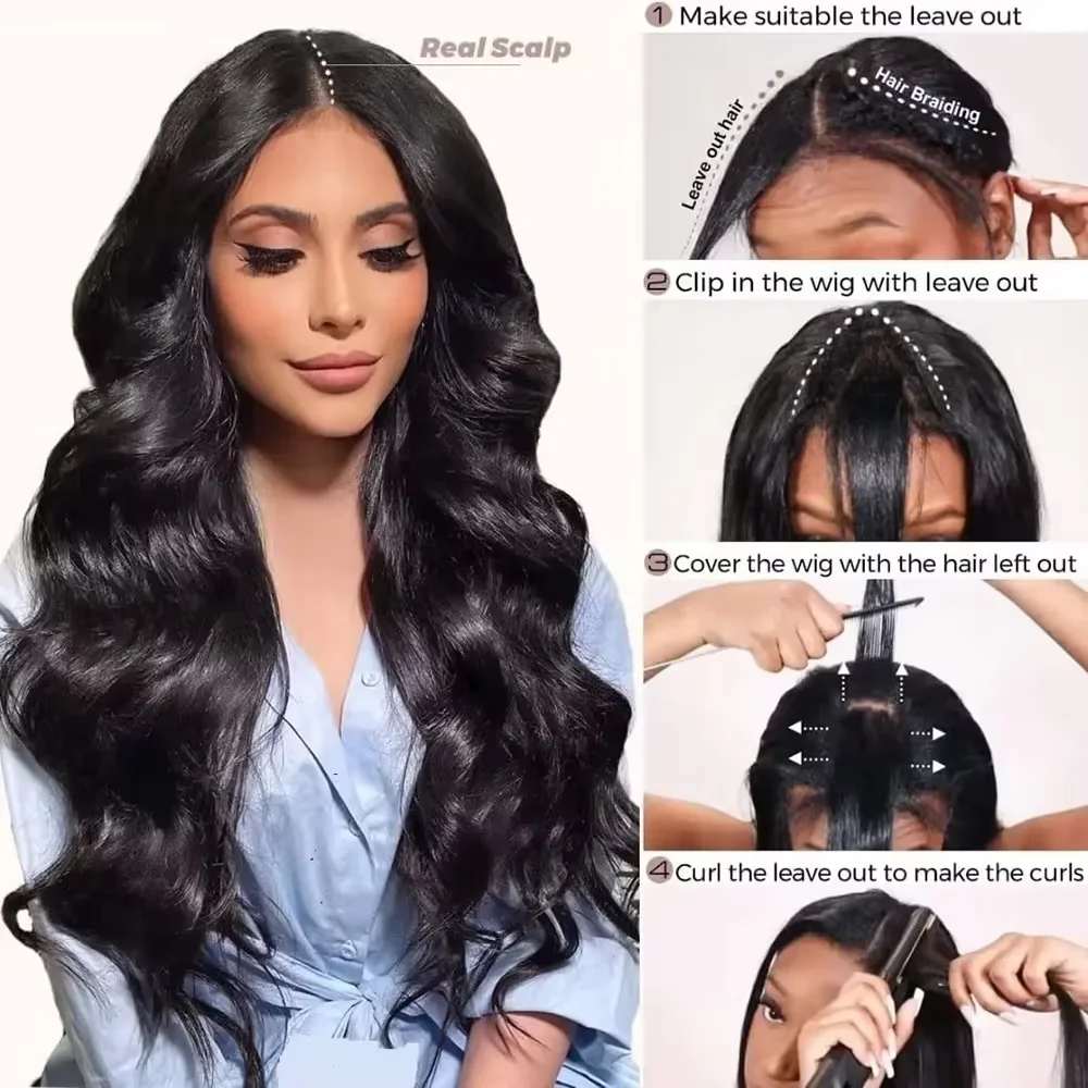 V-Part-Perücke, Echthaar, Body Wave, für Damen, 220 Dichte, zum Anziehen, natürlich gefärbt, Upgrade, 28-32 Zoll, V-Part-Perücken, maschinell gefertigt, Echthaar – Detail 3