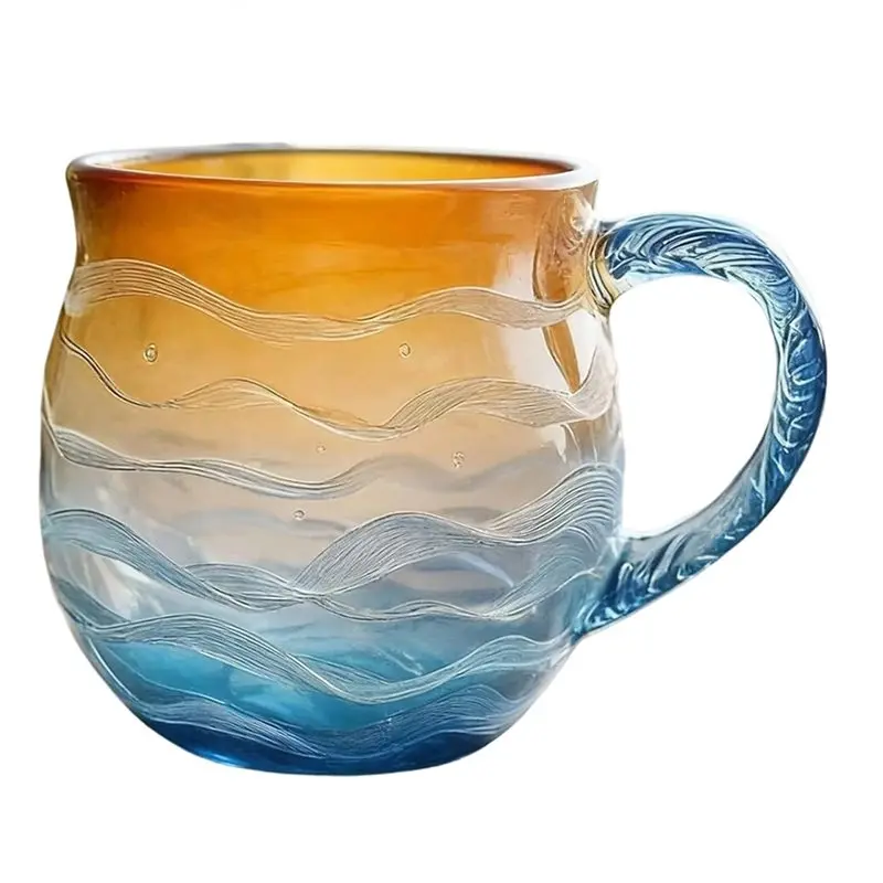 

MOPHE-Golden Mug, Glass Ocean Coffee Mugs, Handcrafted Frosted Wave Texture Sunset Cups With Handle, Waves Shape Design Beach