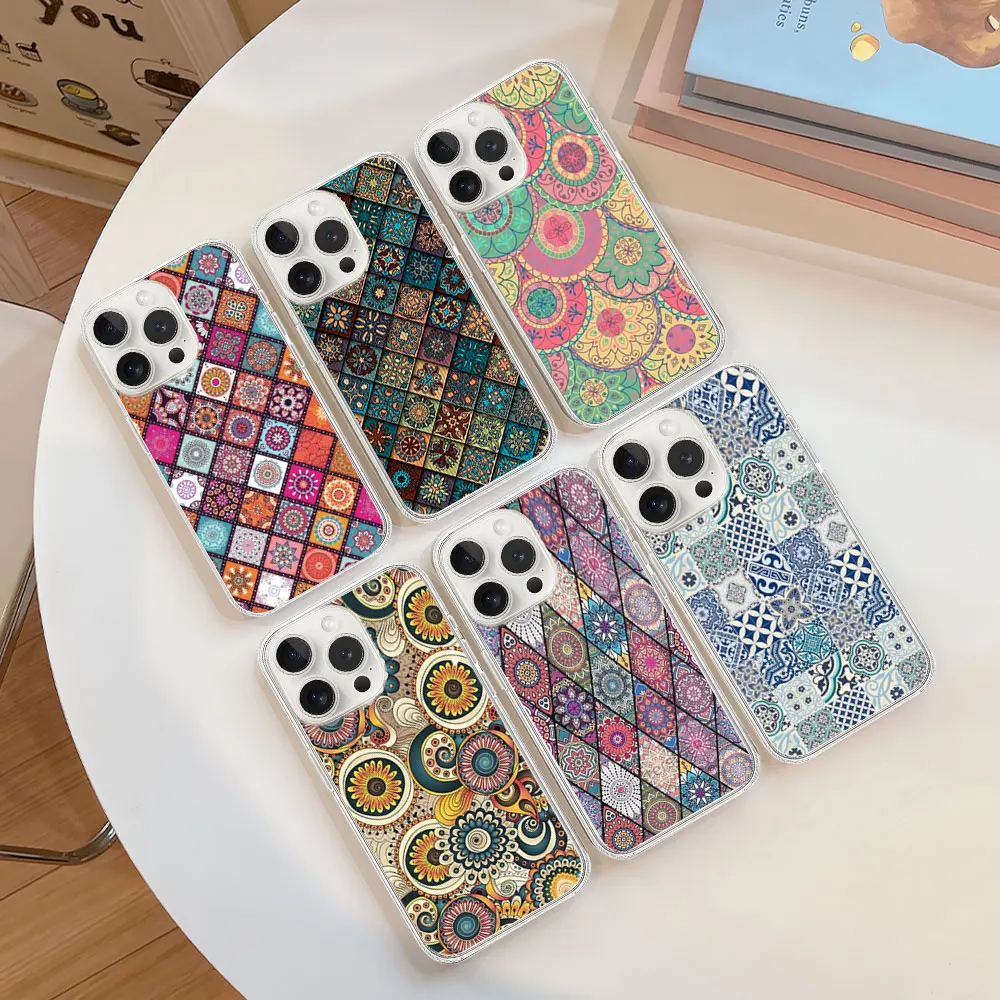 Fashion Mandala Flower Totem Phone Case for iPhone 11 12 13 14 15 16 Max Pro Plus Transparent Soft Shell