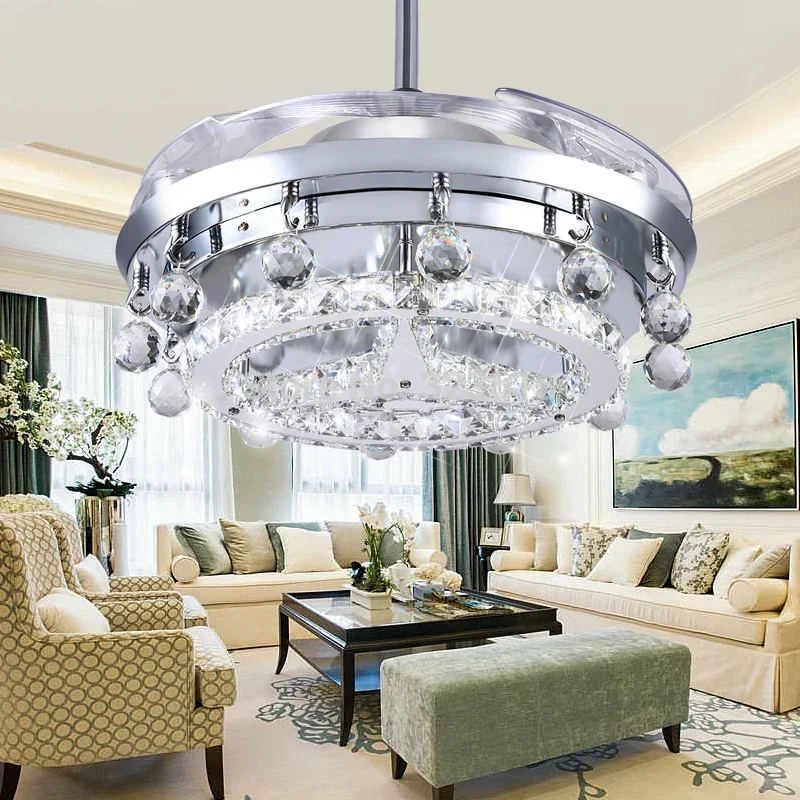 LED Fan Crystal Chandelier Dining Room Living Room Fan Droplights Modern Wall/Remote Control Crystal Chandelier Lights